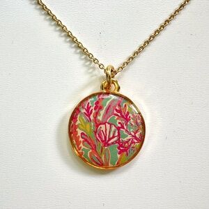 Lilly Pulitzer pink and green floral/coral round pendant charm necklace